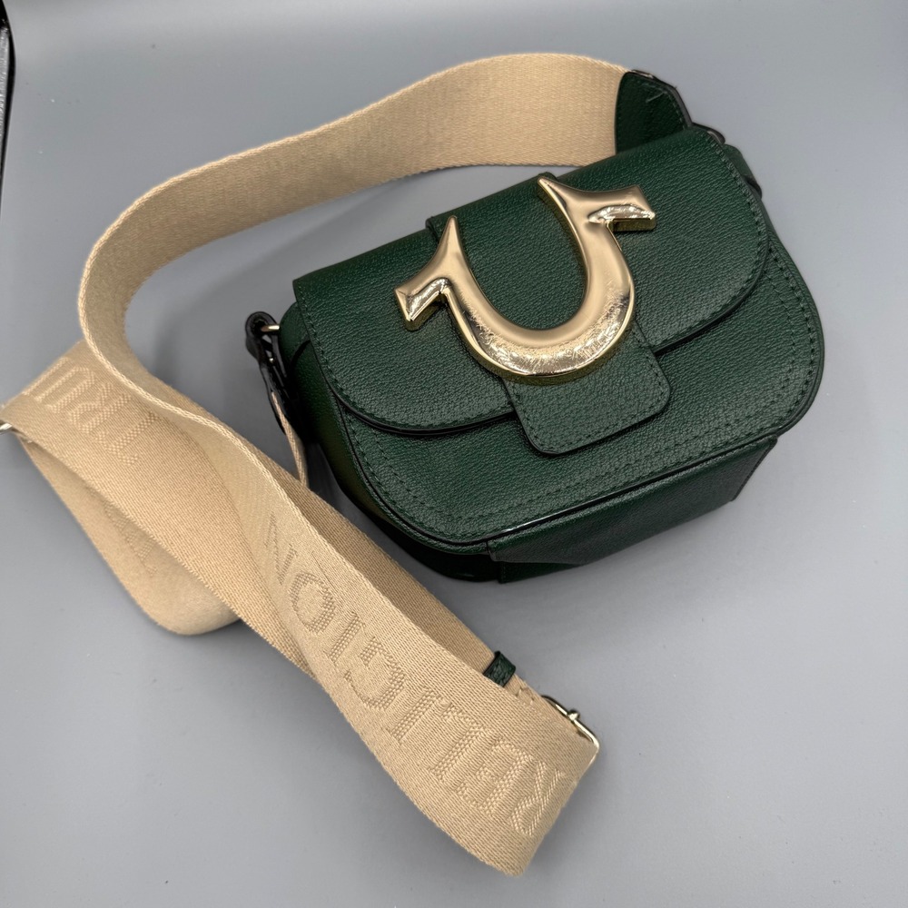 True Religion Forest Green Horseshoe Logo Crossbody Saddle Bag Webbing Strap